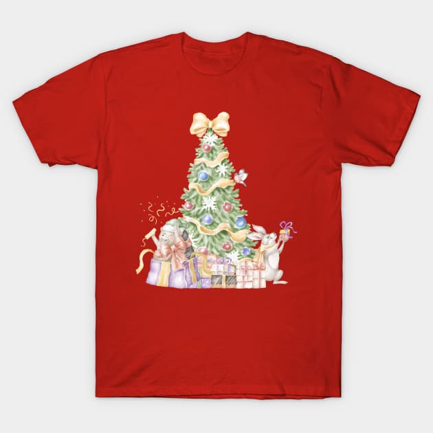 hedgehog with rabbit in front of new year tree T-Shirt by waltzart